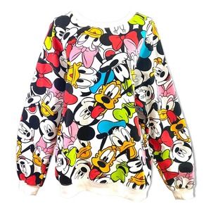 Disney Colorful Mickey and Minnie Cast Graphic Pullover Crew Neck Sweatshirt